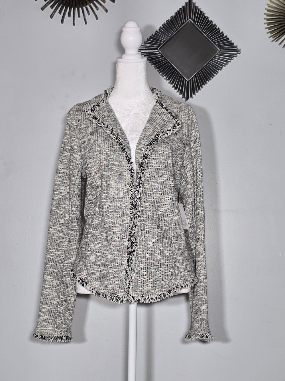Fringed Tweed Open-Front Jacket - Light Gray